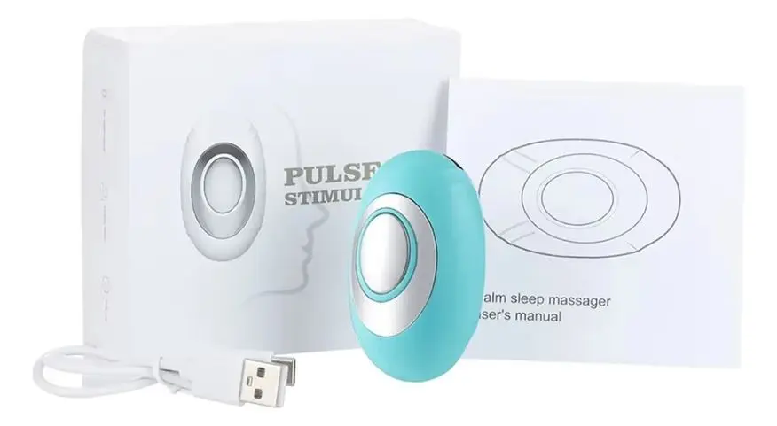 Dispositivo antiestrés azul turquesa ovalado con botón central plateado, caja blanca, manual y cable USB incluidos.