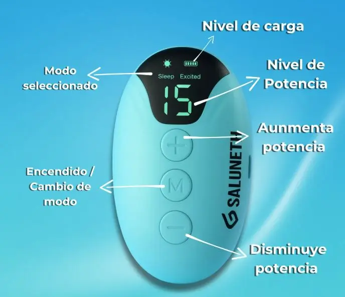 Dispositivo de estimulación color celeste con pantalla digital LED que muestra nivel 15 de potencia y botones circulares de control.