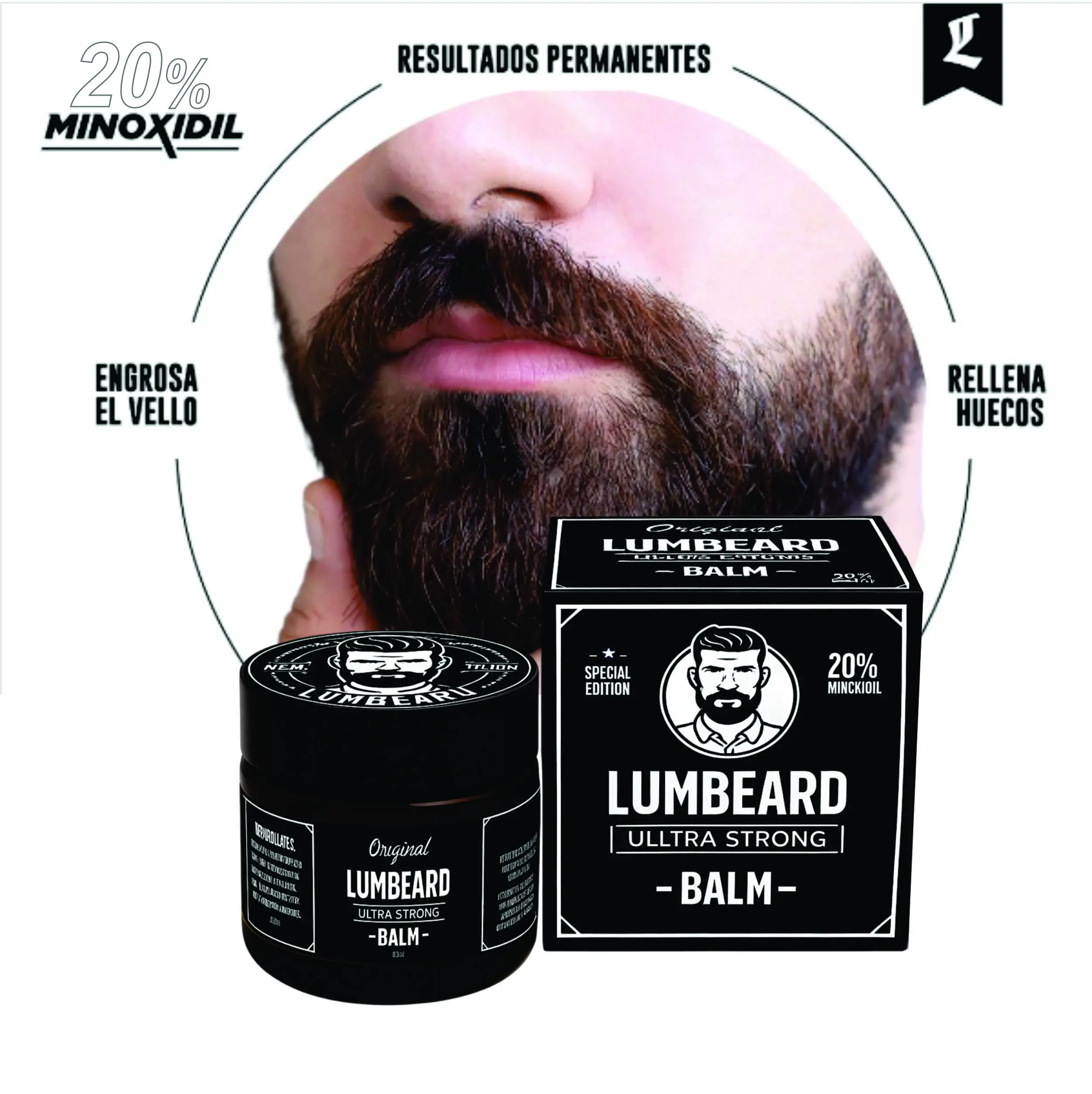 Bote negro y caja de bálsamo para barba Lumbeard con 20% de minoxidil, enfrente de un hombre con barba densa.