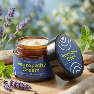 Tarro de vidrio ámbar con crema tópica de 60 ml sobre base de madera, acompañado de lavanda y menta fresca.