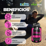 Mujer haciendo ejercicio al aire libre junto a un frasco de FitoVit Colágeno Hidrolizado, suplemento masticable de 36g para piel, huesos y articulaciones.