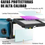 Gafas de soldadura azules con diseño ergonómico, lente abatible con filtro fotocromático, protección de policarbonato y sistema de ventilación lateral.