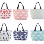 Set de seis loncheras térmicas compactas con estampados de sandía, flamencos, ballenas y osos en colores variados con asas azul oscuro.