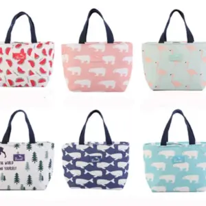 Set de seis loncheras térmicas compactas con estampados de sandía, flamencos, ballenas y osos en colores variados con asas azul oscuro.