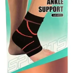 Empaque de cartón para tobillera deportiva de compresión, modelo negro con líneas naranjas, texto ANKLE SUPPORT y COPPER LC-011.
