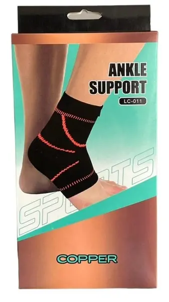 Empaque de cartón para tobillera deportiva de compresión, modelo negro con líneas naranjas, texto ANKLE SUPPORT y COPPER LC-011.