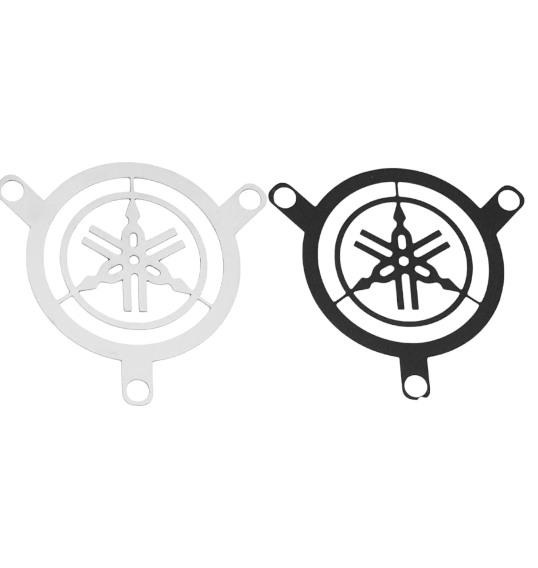Set x2 protectores de motor de arranque en acero para Yamaha Xtz 250, en colores blanco y negro, con diseño de tres puntos de anclaje y logotipo central.