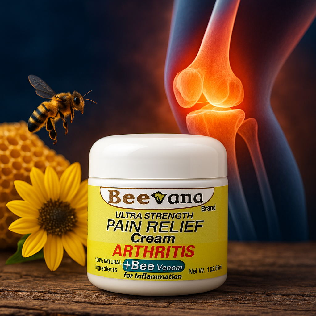 Frasco de crema para artritis Beevana con veneno de abeja, sobre madera, junto a una abeja, panal, girasol y una representación digital de rodilla inflamada.