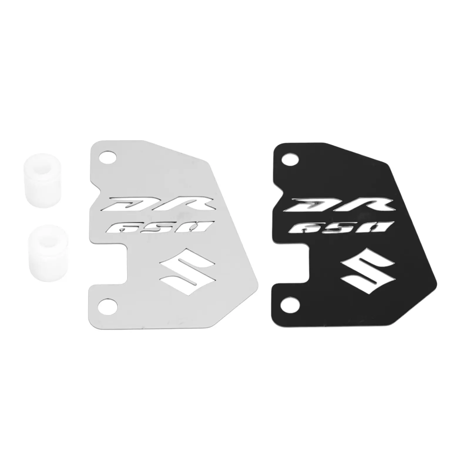 Protector de cáliper de freno para Suzuki DR 650 en acero inoxidable, versiones plateada y negra con logotipos recortados, incluye dos espaciadores cilíndricos blancos.