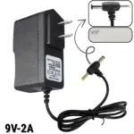Adaptador de corriente negro de 9V 2A con cable y conector de doble punta, diseñado para carga estable de dispositivos electrónicos.