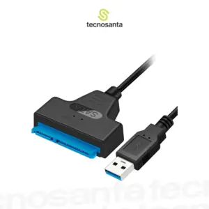 Adaptador USB 3.0 a SATA negro con puerto azul y cable integrado para conectar discos duros y SSD.
