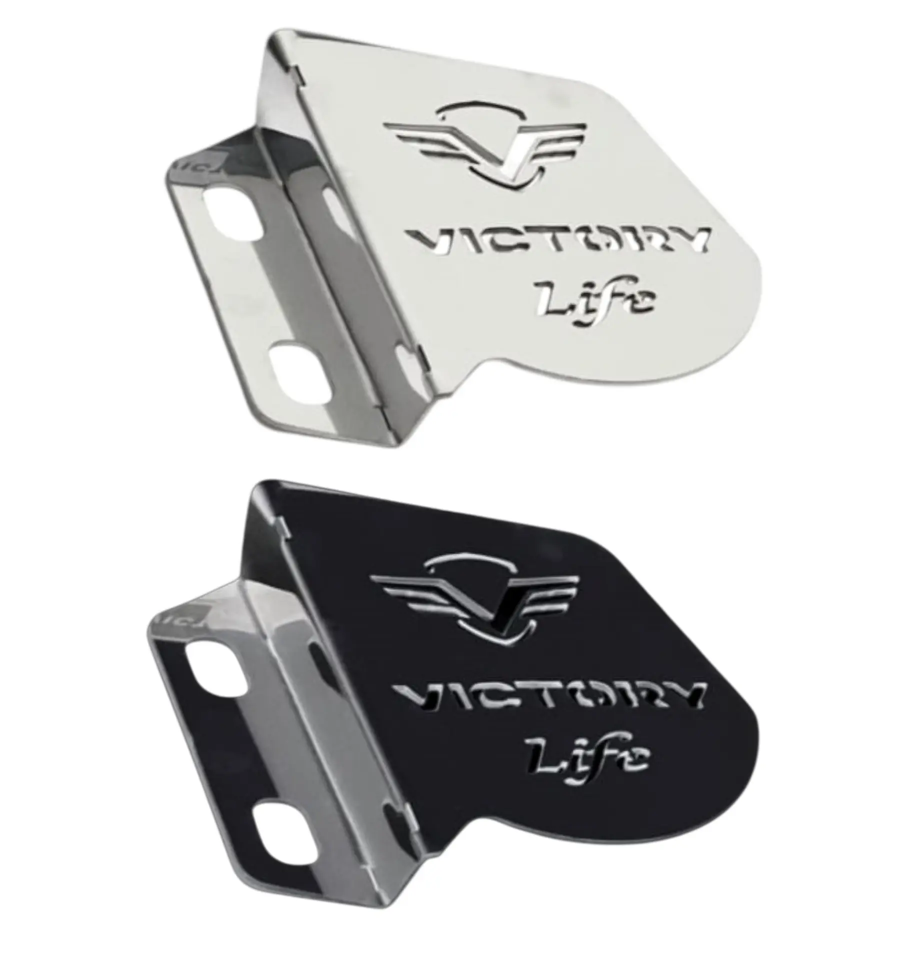 Set de dos protectores de caliper para moto Victory Life en acero inoxidable, color plateado y negro, con ranuras decorativas y logotipo.