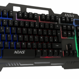 Teclado gamer metálico con retroiluminación RGB, teclas negras, diseño ergonómico con soporte superior para celular y marca AOAS en la barra espaciadora.