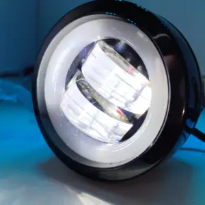 Faro LED redondo de 3 pulgadas y 40W para moto y carro, color negro brillante, con lente frontal dual iluminada y aro de luz diurna blanco.