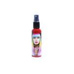 Laca capilar en spray de 65 ml con envase rojo, boquilla negra y etiqueta de rostro femenino con cabello multicolor sobre fondo negro.