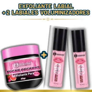 Kit de cuidado labial con un exfoliante orgánico de azúcar de sesenta gramos en envase negro y tapa rosa, acompañado de dos labiales voluminizadores transparentes de diez mililitros con aplicador.