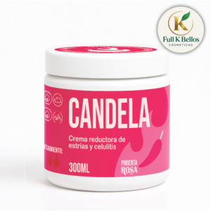 Envase blanco cilíndrico de crema reductora corporal Candela con etiqueta fucsia de 300 ml, diseño de pimienta rosa y tapa a rosca.
