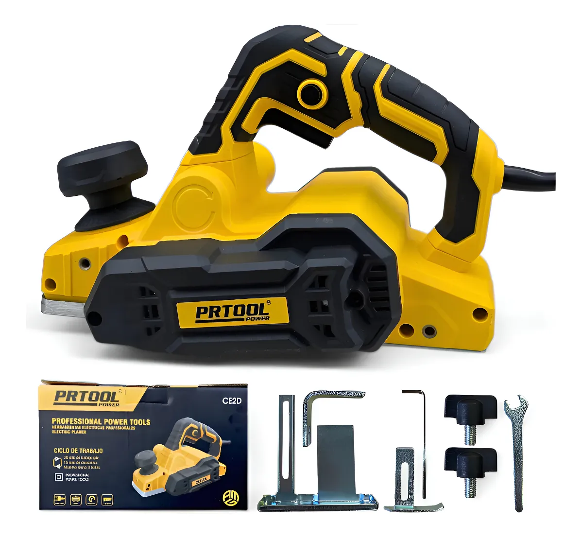 Cepillo eléctrico amarillo y negro PRTOOL con empuñadura ergonómica, caja y accesorios metálicos incluidos sobre fondo blanco.