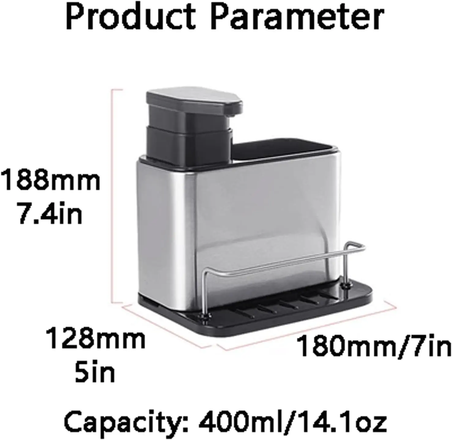 Dispensador de jabón en acero inoxidable con porta esponja y base negra, medidas 180x128x188 milímetros y capacidad de 400 mililitros.