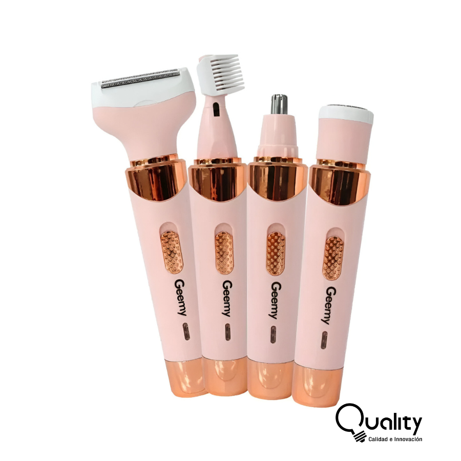 Depilador eléctrico Geemy 4 en 1 color rosa pastel y oro rosa con cuatro cabezales intercambiables para diversas zonas corporales.