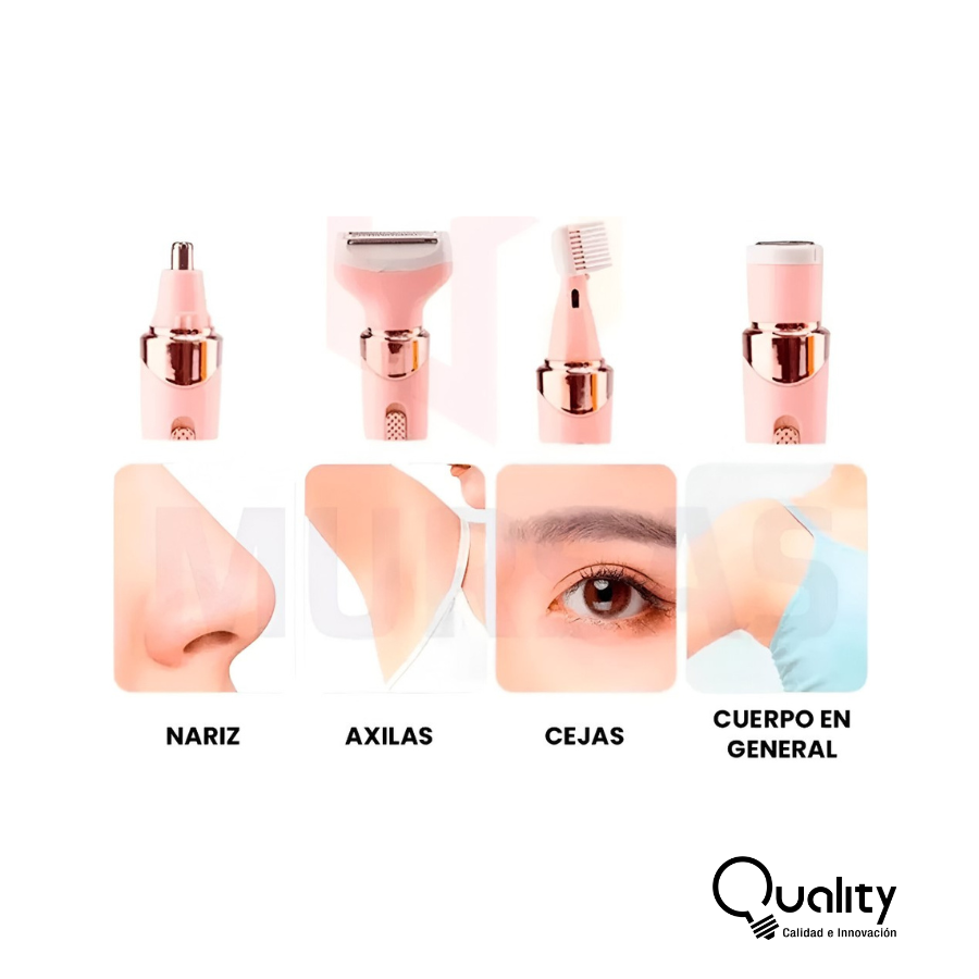 Depilador eléctrico 4 en 1 color rosa con cabezales intercambiables para nariz, axilas, cejas y cuerpo, detallando sus áreas de uso.