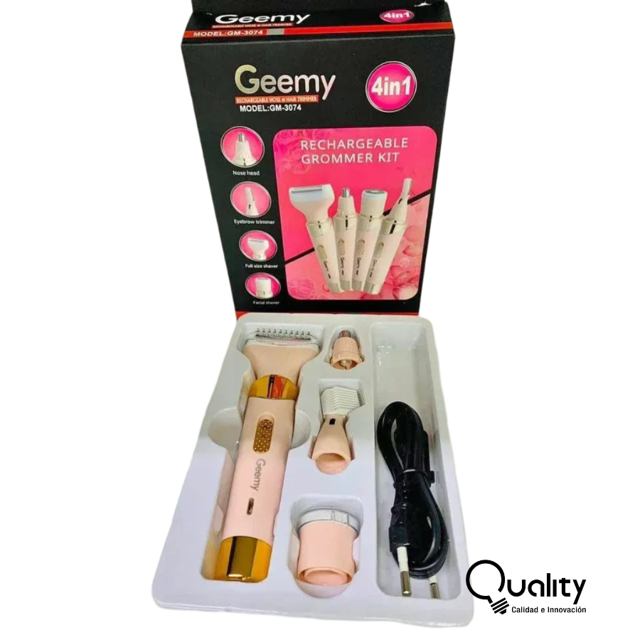 Depilador eléctrico Geemy 4 en 1 color rosa y dorado en caja abierta con tres cabezales intercambiables y cable de carga sobre bandeja blanca.