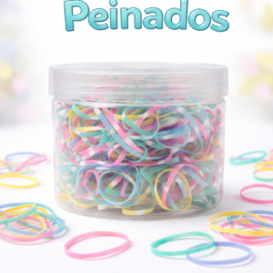 Tarro transparente con cauchos elásticos para peinados en colores rosa, azul y amarillo, con unidades sueltas sobre fondo blanco.