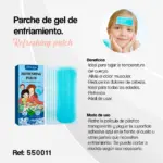Parche de gel enfriador azul texturizado, caja con 5 unidades y niña aplicándolo en la frente para bajar la fiebre.