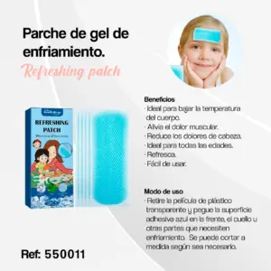 Parche de gel enfriador azul texturizado, caja con 5 unidades y niña aplicándolo en la frente para bajar la fiebre.
