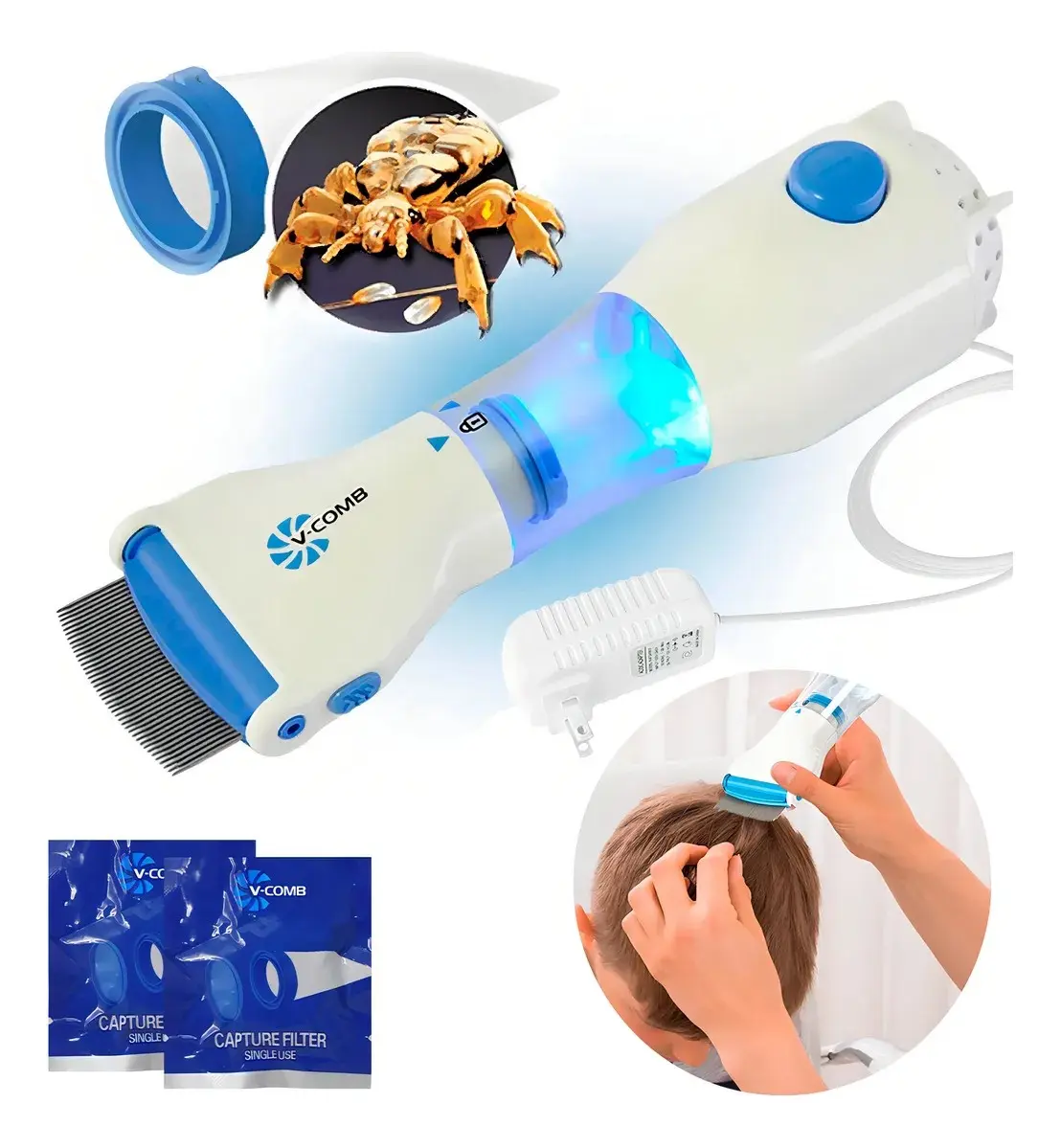 Cepillo eléctrico blanco y azul para piojos con filtro de captura, fuente de alimentación y dos sobres de repuesto para uso capilar.