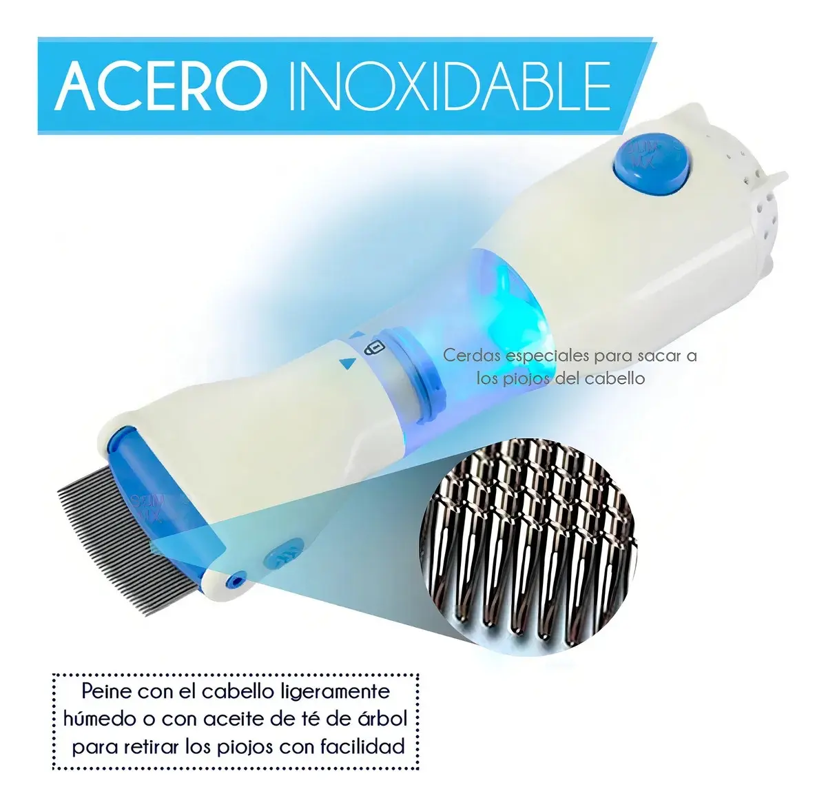 Peine eléctrico antipiojos blanco y azul de acero inoxidable con cerdas ranuradas y luz indicadora.