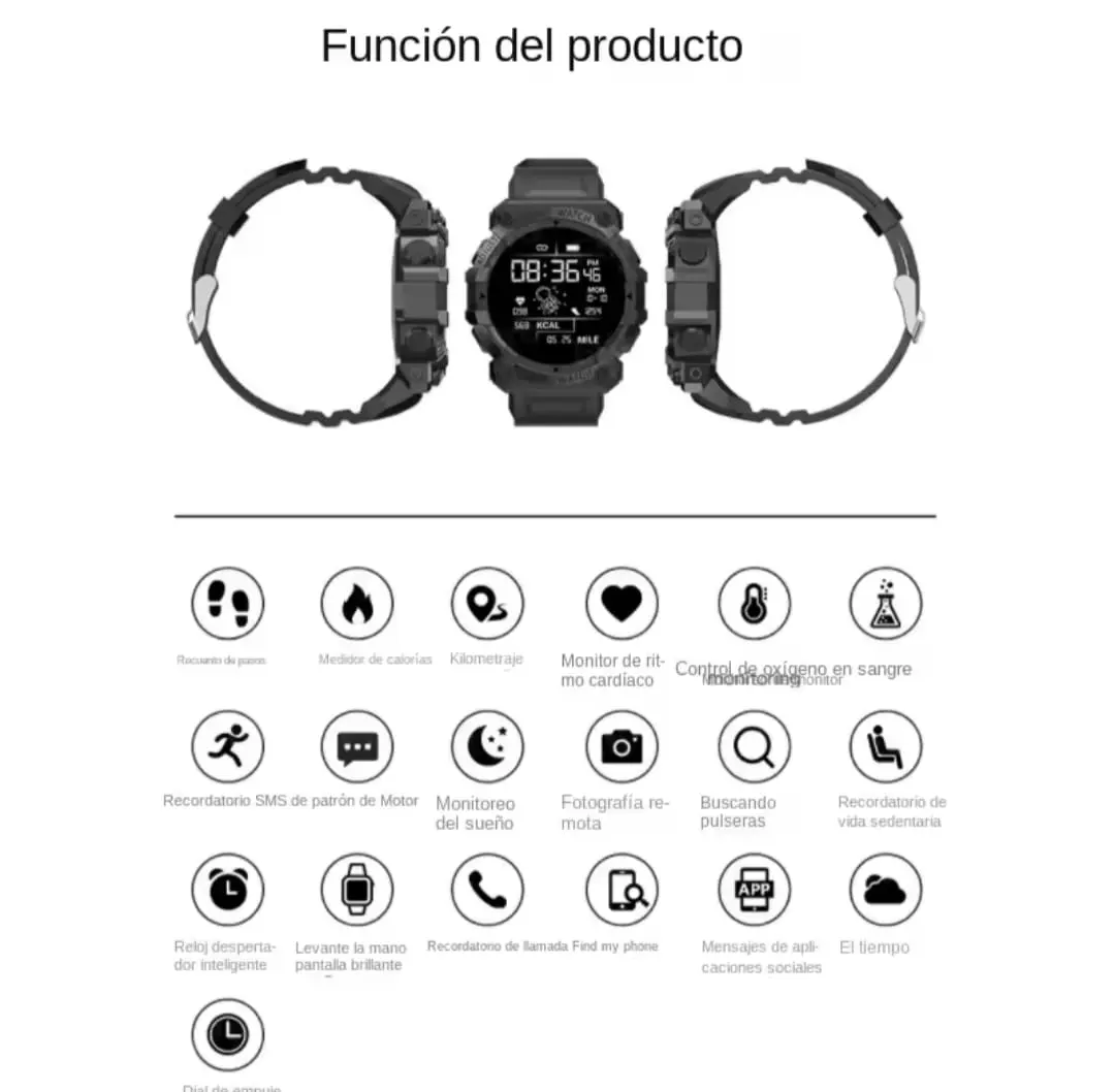 Reloj inteligente deportivo negro con pantalla digital, múltiples vistas y grilla de funciones de salud y llamadas.