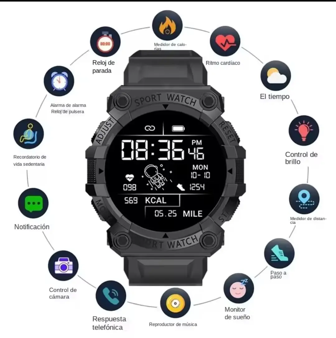 Smartwatch deportivo negro mate texturizado rodeado de iconos circulares con funciones de salud, clima y conectividad.