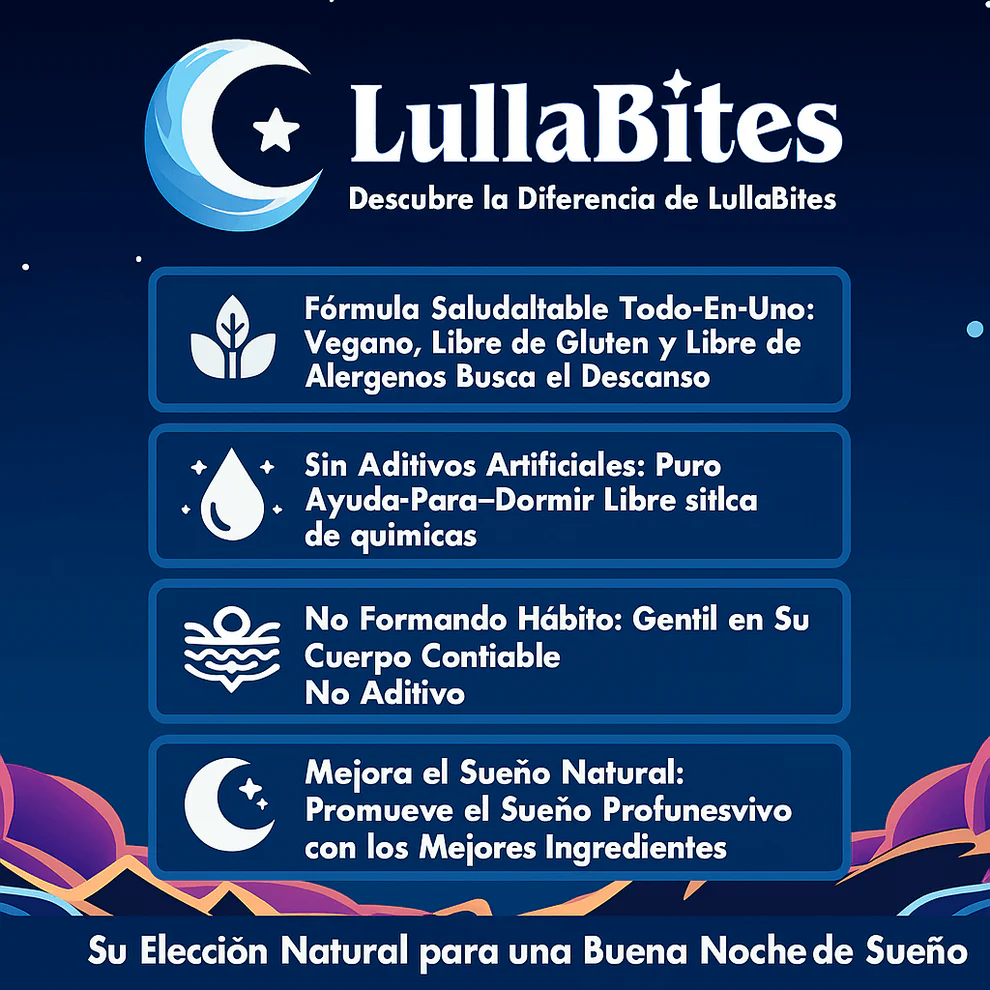 Infografía azul de LullaBites destacando fórmula vegana, libre de gluten y sin aditivos para mejorar el sueño de forma natural.