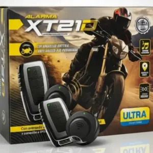Caja de alarma para moto XT210 en tonos amarillo y negro, incluye dos controles remotos negros y dos sensores circulares.