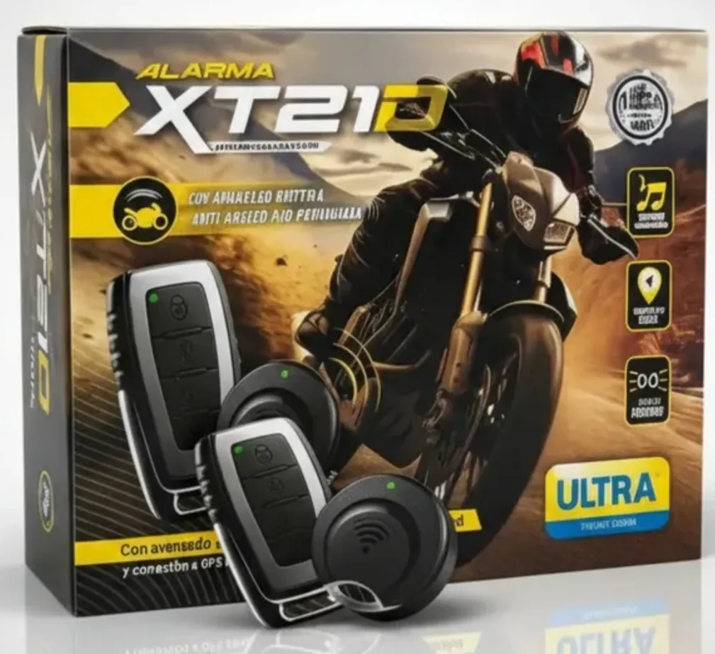 Caja de alarma para moto XT210 en tonos amarillo y negro, incluye dos controles remotos negros y dos sensores circulares.