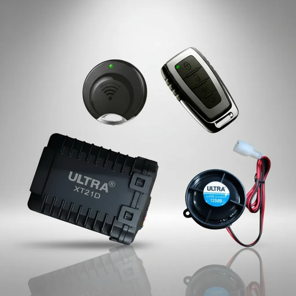 Kit de alarma antirrobo para moto color negro, incluye módulo central XT21D, control remoto, sensor de proximidad redondo y sirena con cableado.