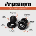 Tapones de silicona negros en formas de domo y anillo. Destacan reducción de ruido del 70%, diseño lavable, sin batería y tallas XS a L.