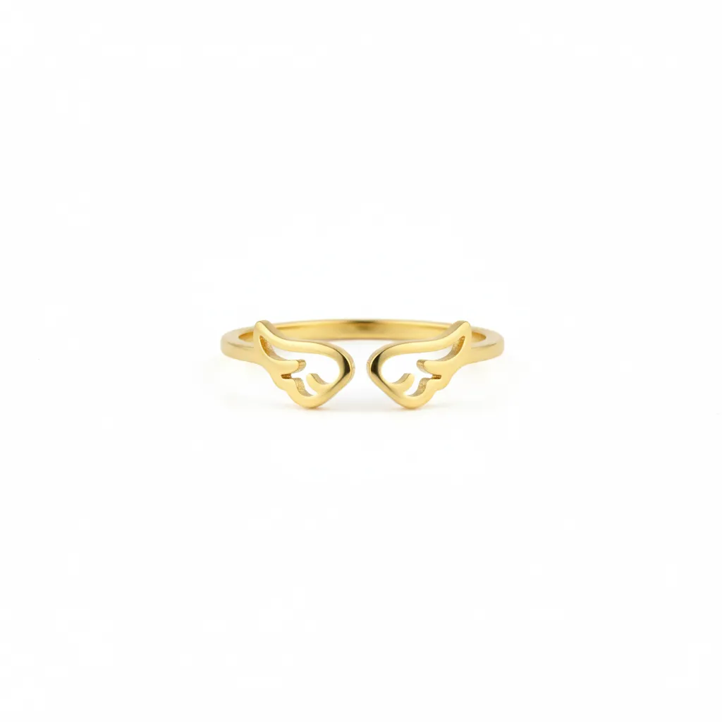 Anillo de acero inoxidable dorado con diseño de dos alas minimalistas enfrentadas y acabado satinado, visto de frente.