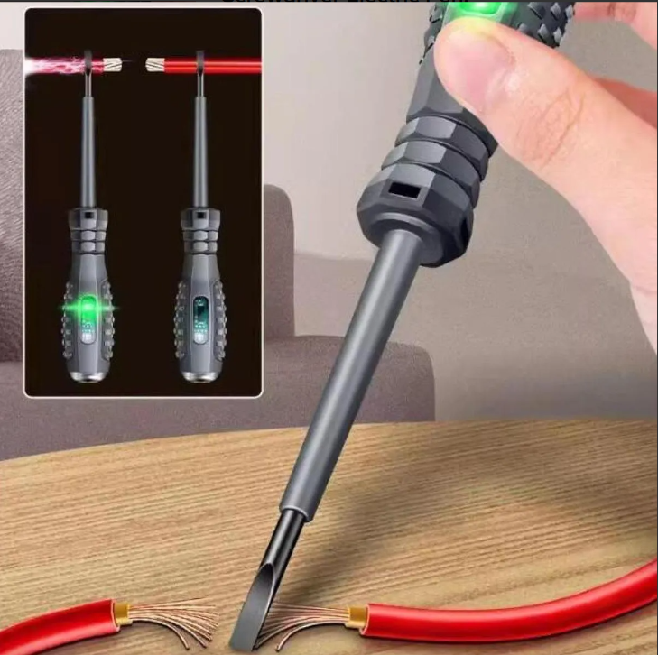 Set de dos destornilladores buscapolos grises con indicador LED verde sobre superficie de madera y esquema de uso con cable eléctrico.
