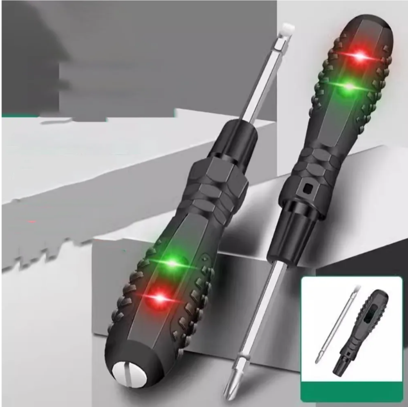 Dos destornilladores probadores de voltaje negros con mango texturizado y luces LED rojas y verdes para detección de corriente eléctrica.