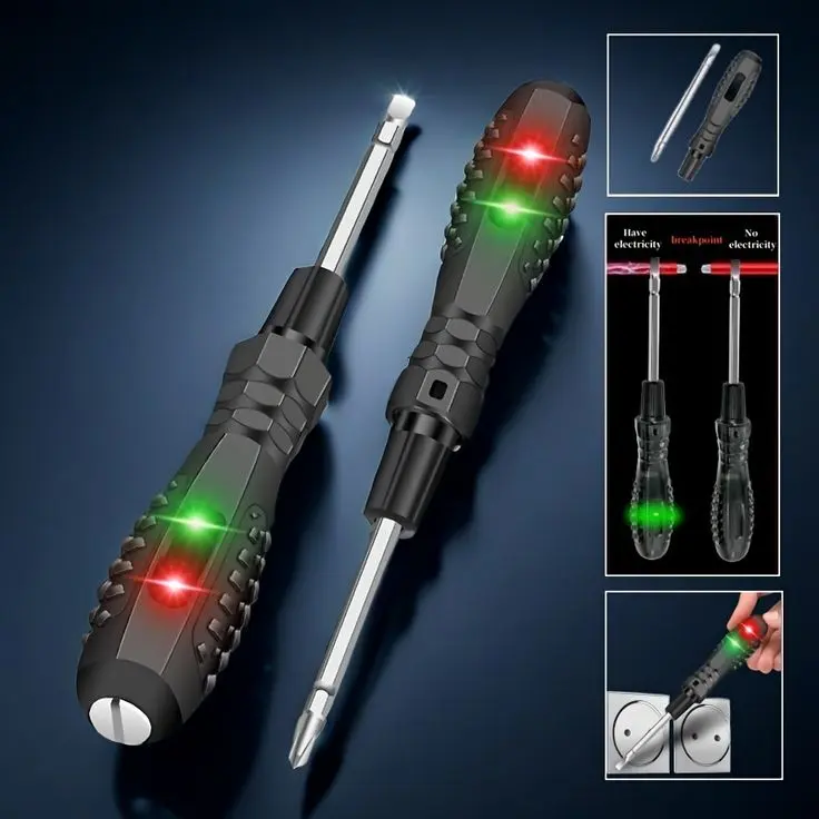 Set de dos destornilladores probadores de voltaje con mango negro texturizado, luces LED rojo y verde, y demostración de uso en tomacorrientes.