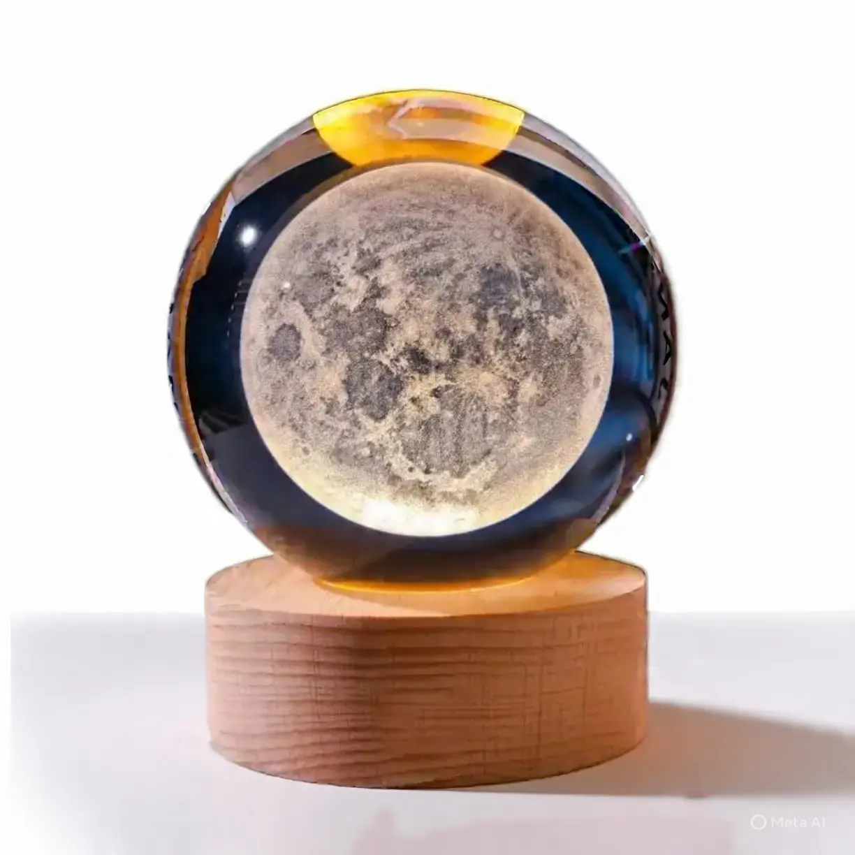 Lámpara de mesa con esfera de cristal que muestra un relieve detallado de la luna, sobre base cilíndrica de madera con iluminación LED cálida.