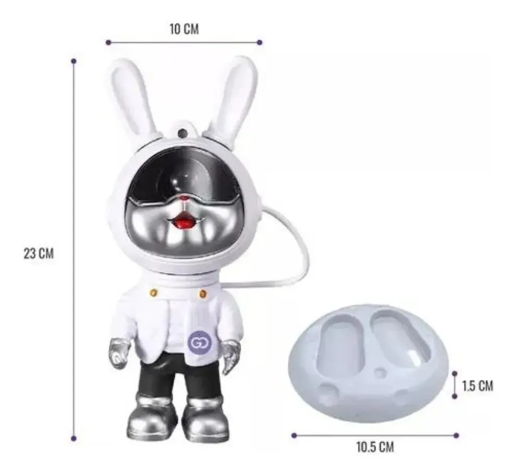 Proyector de galaxias de conejo astronauta en color blanco y plateado con base de 10,5 cm, incluye figura de 23 cm y soporte lunar.