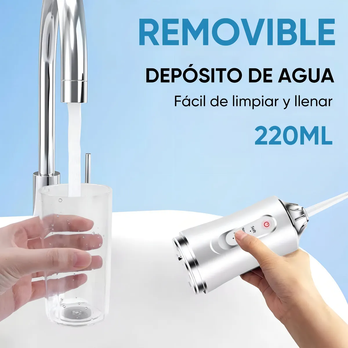 Irrigador bucal portátil plateado con depósito de agua removible de 220 ml, siendo llenado bajo un grifo para su uso en limpieza dental.