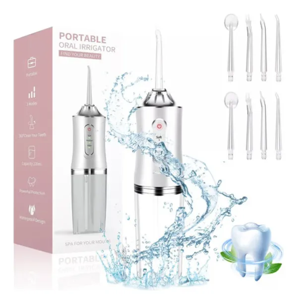 Irrigador bucal portátil color blanco con caja, ocho boquillas intercambiables, depósito de 220ml y efecto visual de agua para limpieza dental profunda.