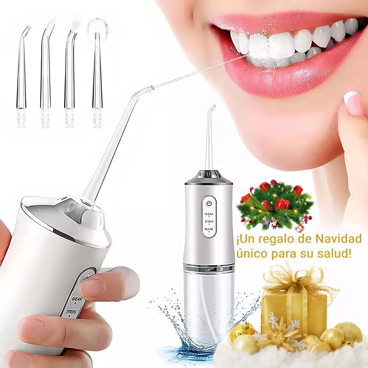 Irrigador bucal portátil recargable color blanco con cuatro boquillas intercambiables, mostrado en uso sobre dientes y con decoración navideña de regalo.