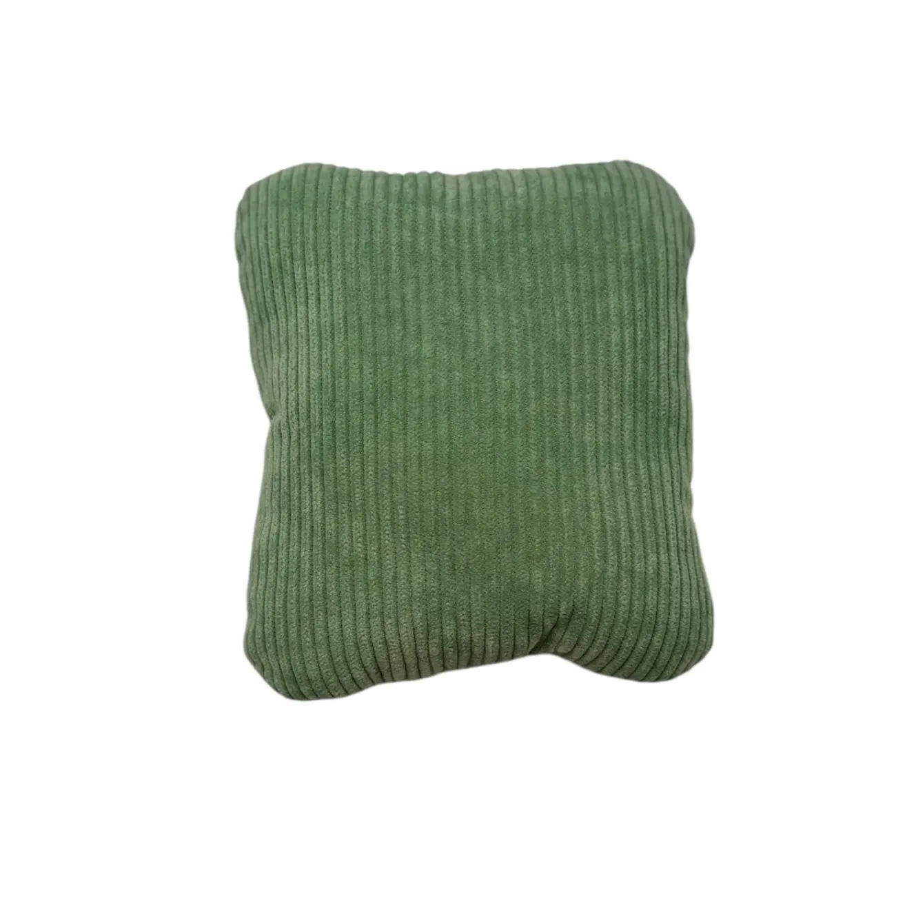 Cojín cuadrado de tela tipo pana en color verde, diseñado como juguete con sonido para perros de razas pequeñas y medianas.