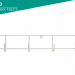 Perchero metálico horizontal de pared color blanco con 6 ganchos frontales, medidas visibles de 7cm de alto lateral, 8cm de profundidad y 8cm de base.