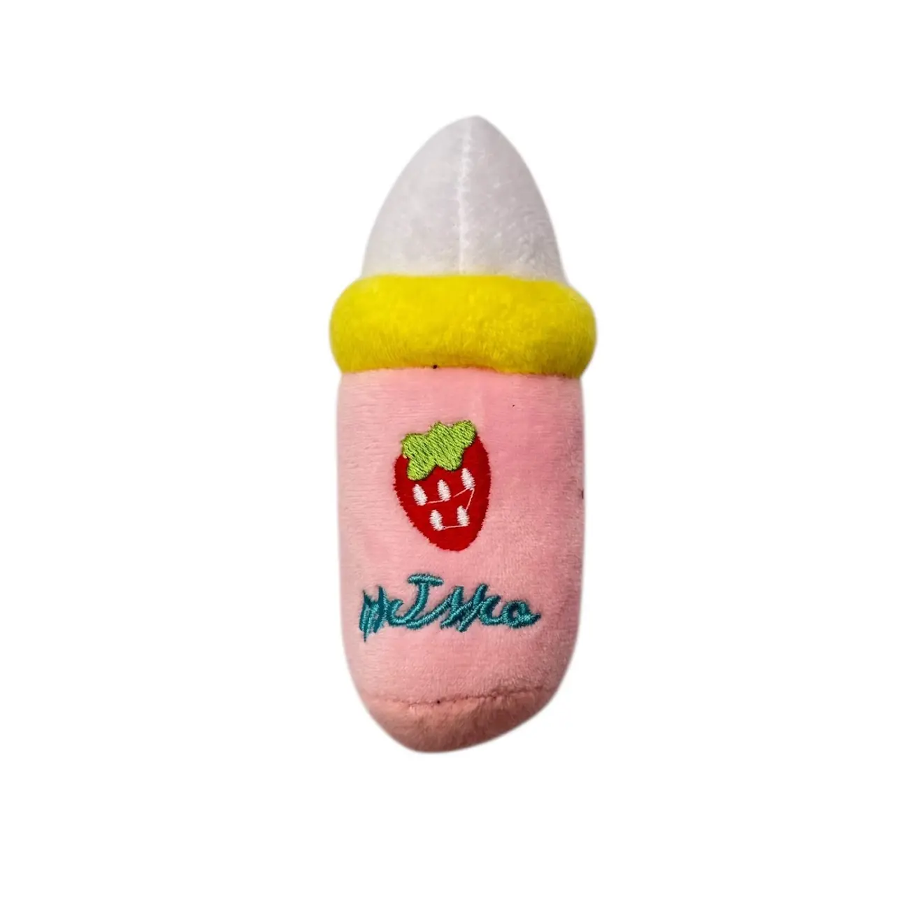 Peluche para perro y gato con diseño de biberón rosa, punta blanca, cuello amarillo, fresa bordada y texto azul, material suave con sonido.